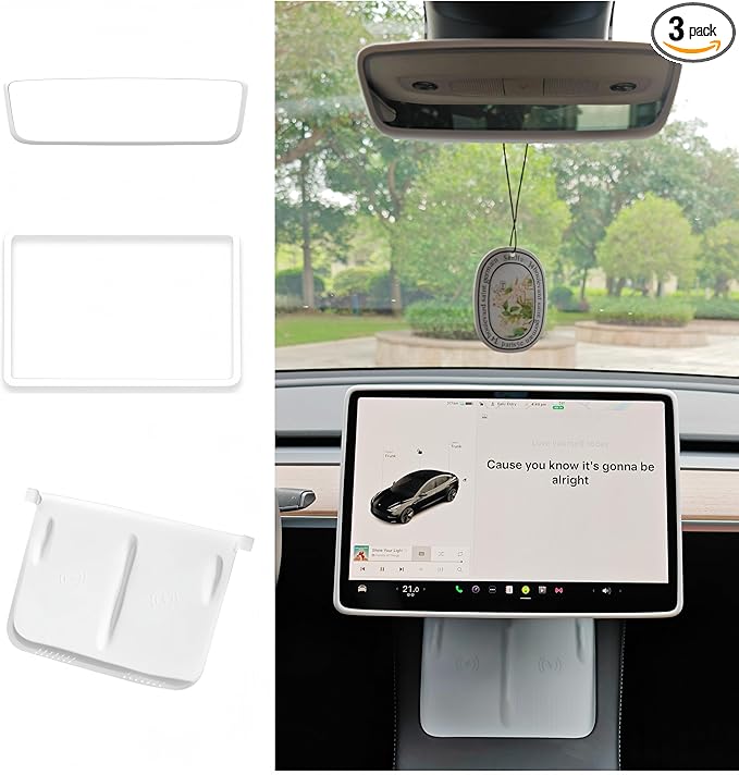 Tesla Model 3 Model Y Accessories of Screen Protector Frame + Center Console Wireless Charging Silicone Pad + Interior Rear View Mirror Cover 3pcs 3in1 (White)