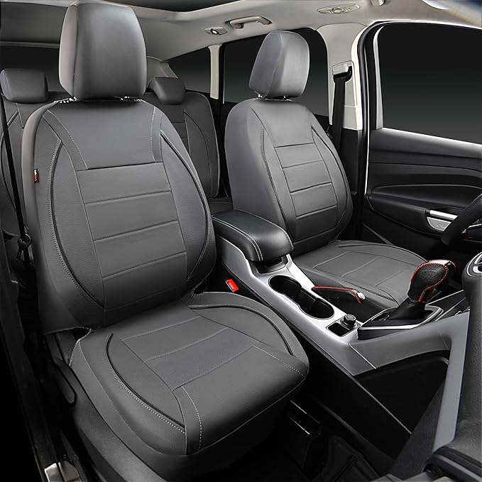 CAR PASS Piping Faux Leather Car Seat Cover Full Set,Grey Breathable Leather Seat Covers for Cars, Airbag Compatible,Universal Fit for SUVs,Van,Sedans,Small Trucks (Full Set, All Gray)