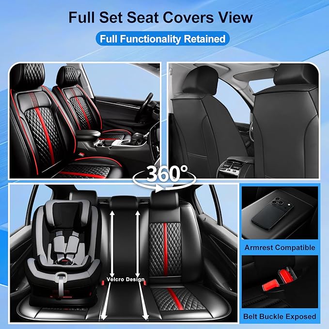 Fit CX-3 Car Seat Covers for Select Mazda CX3 2016-2024, Premium Full Coverage Leather, Airbag Compatible & Scratch-Resistant, Waterproof All Weather Seat Protector, Full Set, Red Trim