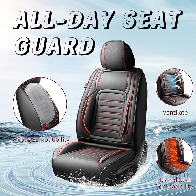 Fit HRV Premium Leather Car Seat Covers Compatible with Honda HRV 2016-2026, Breathable, Wear Resistant, Airbag Compatible, All-Weather Protection & Full Coverage, 2 Front Seat Red Line Black