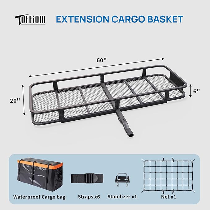 TUFFIOM Folding 500lbs Steel Hitch Mount Basket Cargo Carrier, 60"x20"x6" Trailer Hitch Cargo Carrier Luggage Rack w/Net, Waterproof Cargo Bag, 4 Straps & Stabilizer for SUV Car Truck Van