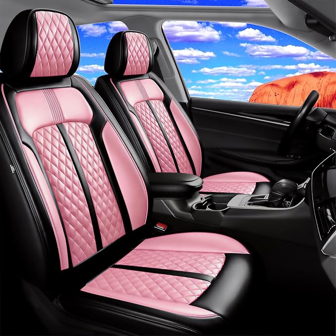 Fit Mazda 3 Car Seat Covers for Select Mazda 3 2010-2019 - Full Coverage Leather, Airbag Compatible, Waterproof & All Weather Breathable Seat Cushion Protector, Front Pair Black+Pink