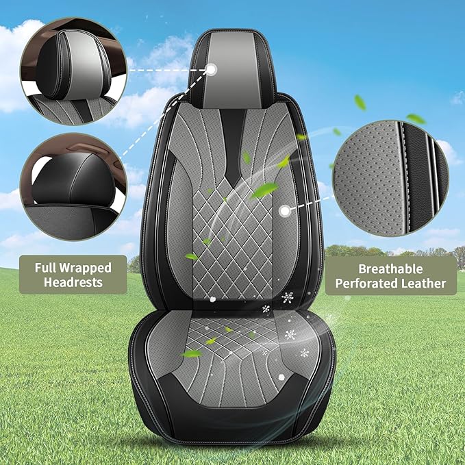 Car Seat Covers Front Pair for Nissan Altima 2009-2024 2025 2026 : Breathable Perforated Leather Seat Cover (Black&Grey)