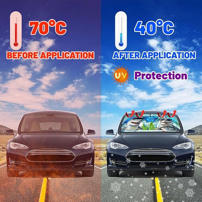 CHILL·TEK Funny Animal Car Windshield Sun Shade Umbrella, Funny Shark Car Sun Shade Umbrella, Block UV Rays Heat Foldable Windshield Umbrella Sun Visor Protector - Keep Vehicle Cool for Cars SUV