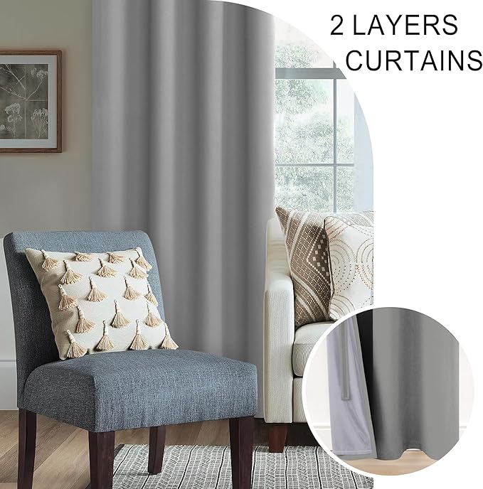 XWZO 100% Blackout Window Curtains - Thermal Insulated & Completely Room Darkening Black Liner Window Treatment with Tiebacks for Bedroom/Living Room, Light Grey, W38 x L54, Set of 2 Panels