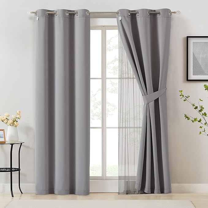 Bujasso Grey 90% Blackout Curtains with Sheer Overlay Mix and Match Double Layer Window Curtains Thermal Insulated 95 inch for Living Room Bedroom Gray Drapes with Tiebacks Grommet Top 37" Wx95 Lx2