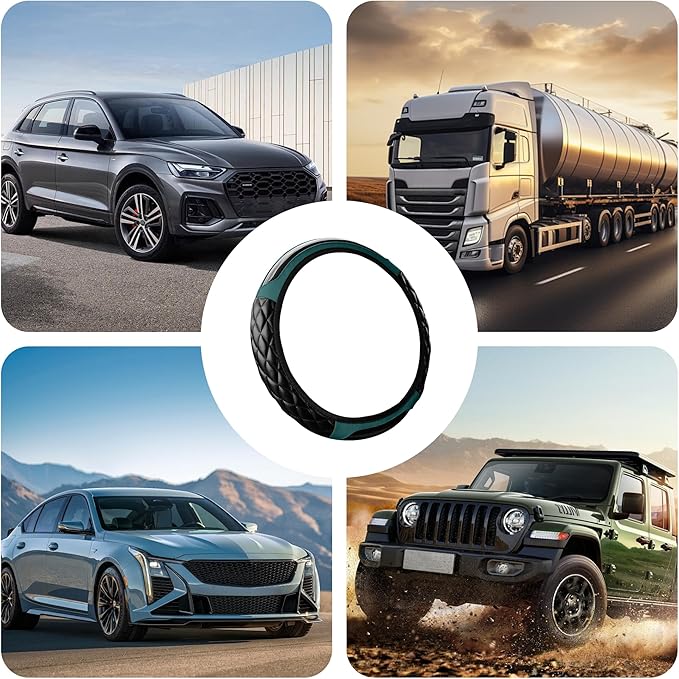 Car Steering Wheel Cover, 14.5-15inch Leather Anti-Slip Car Wheel Cover Protector, Safety Comfortable Desgin, Universal Auto Steering Wheels Accessories for Cars Truck SUV (Dark Green)