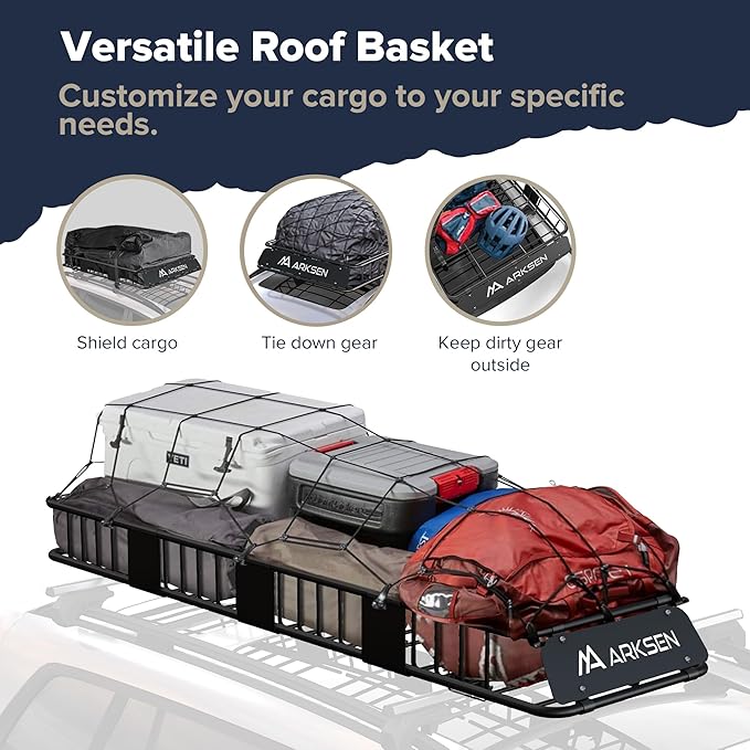 ARKSEN Skinny Roof Rack 84"x23"x6" Cargo Carrier with Waterproof Bag, Net, Straps & Anti-Slip Mat, Heavy Duty Top Mount Cargo Basket, Luggage Camping Gear Storage for Car, Truck or SUV Transport