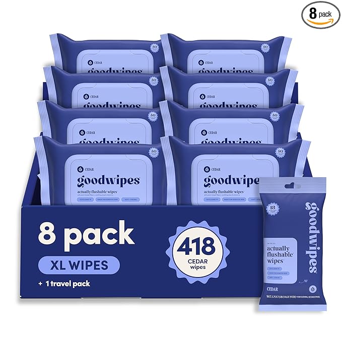 goodwipes Flushable Butt Wipes - Vitamin E & Aloe - Sewer & Septic Safe - Extra Large Adult Wet Wipes For Women & Men - Bathroom Essentials - Cedar, 418 Count (8 Packs + 1 Travel)