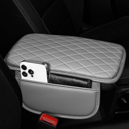 Center Console Cover Fit for Kia Sportage 2005-2025 with 2 Storage Bags Waterproof Leather Quilted Pattern Car Armrest Cover Cushion Anti - Slip(Grey&White Line)