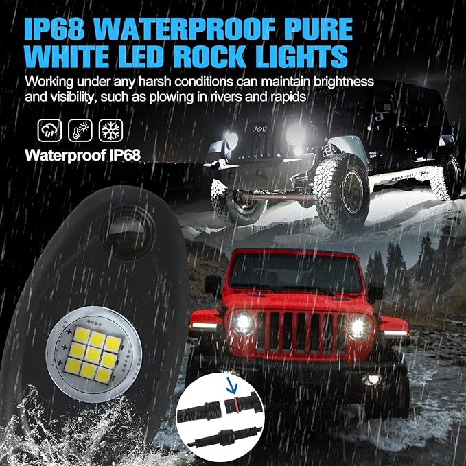 12pods White Rock Lights Dc 12v 6000k Aluminum Alloy Pure White Led Rock Lights with Switch Wiring Harness Kit Ip68 Waterproof for Trucks Pickup Off-Road Cars SUV Utv ATV Rv RZR Underglow Lights