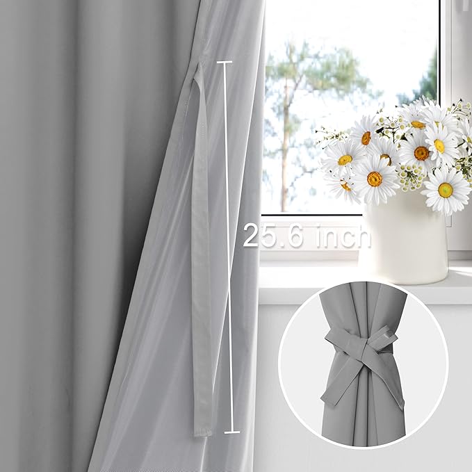 XWZO 100% Blackout Window Curtains - Thermal Insulated & Completely Room Darkening Black Liner Window Treatment with Tiebacks for Bedroom/Living Room, Light Grey, W38 x L54, Set of 2 Panels