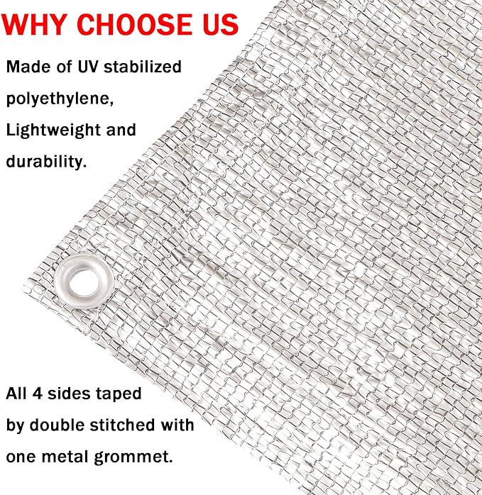 95% Sun Block Heavy Duty Aluminum Foil Shade Cloth with Grommets,10ft x 10ft, Mesh Sun Block Fabric Cover, Canopy, Privacy Screen for Outdoor Patio, Garden, Backyard, Silver