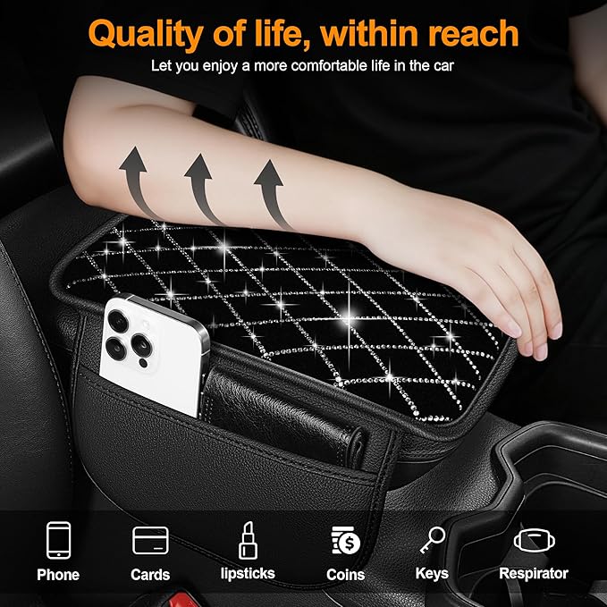 Bling Armrest Cover for Car Compatible with Jeep Cherokee Compass Gladiator Liberty Patriot Renegade Wrangler - Center Console Cover with 2 Storage Pockets and Crystal Diamond(Black)