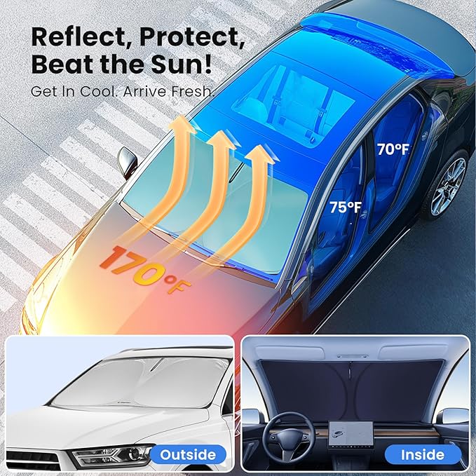 Windshield Sunshade for Ford Maverick 2022 2023 2024 2025 2026 – Upgraded Double-Layer Design, Mirror Cut-Out, Blocks 99% UV Rays, Thick & Durable, Easy-Fold Ford Maverick Windshield Sun Shade