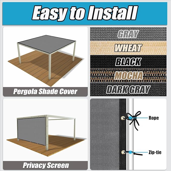 Amagenix 90% Shade Fabric 10'X 12' Gray Sun Shade Cloth with Grommets for Pergola Replacement Shade Cover Canopy, Heavy Duty, Cable Zip Ties Included (We Customized)