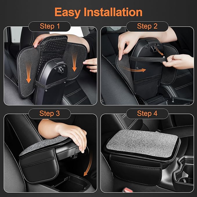 Bling Car Center Console Cover Custom Fit for Jeep Gladiator - Leather Armrest Cover with 2 Storage Pockets and Crystal Rhinestones(Black)