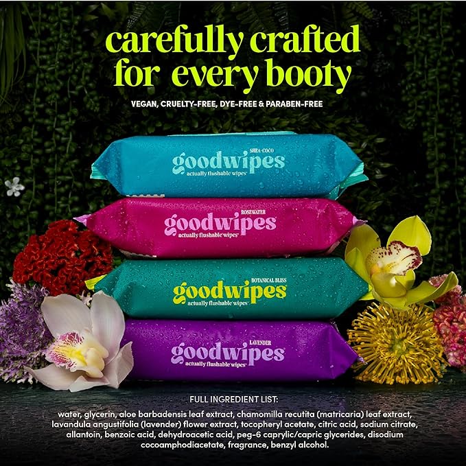 goodwipes Flushable Butt Wipes - Vitamin E & Aloe - Sewer & Septic Safe - Extra Large Adult Wet Wipes For Women & Men - Bathroom Essentials - Cedar, 153 Count (3 Packs + 3 Individually Wrapped)