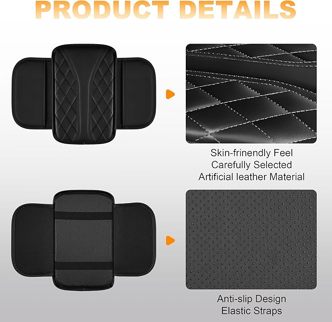 Car Center Console Cover Fit for Jeep Gladiator - Leather Armrest Covers with 2 Storage Pockets(Black)