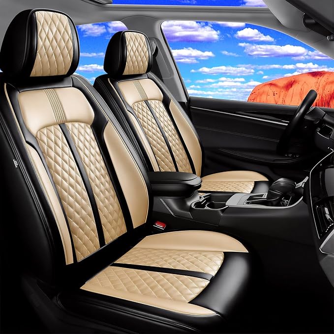 Fit Trax Car Seat Covers for Chevrolet/Chevy Trax 2015-2026, Premium Full Coverage Leather, Waterproof All Weather Seat Protector, Airbag Compatible, Scratch Resistant, Front Pair Black+Beige