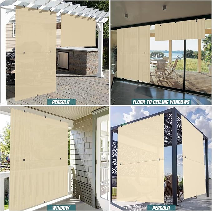 Bynbbur 6'W x 13.5'H Outdoor Patio Shades Foldable Roller Blinds, 220 GSM Sun Shade Roll Up Porch Screens Exterior Shade Cloth for Deck Pergola Backyard, Beige