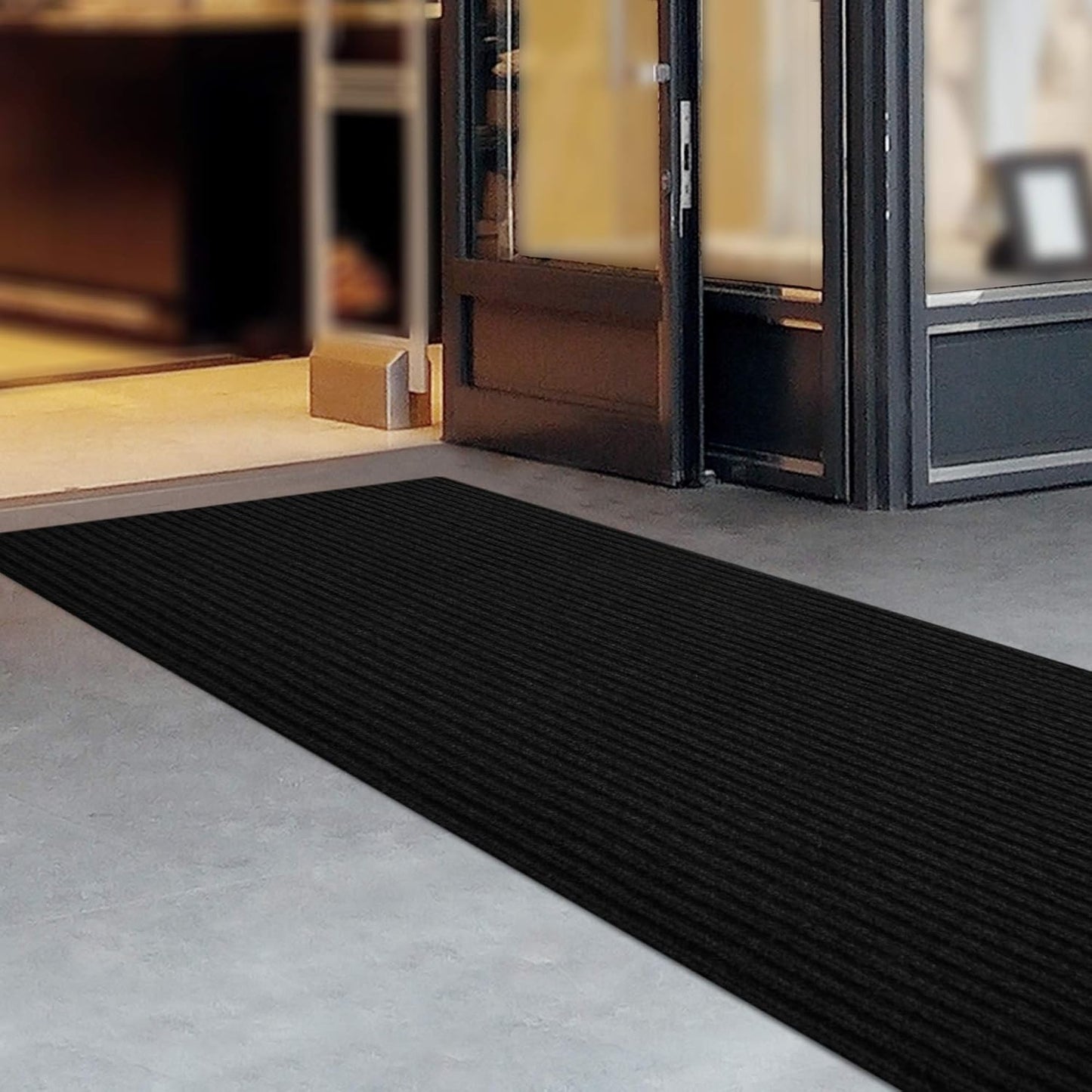 iCustomRug Spartan Weather Warrior Indoor/Outdoor Utility Ribbed Carpet Runner with Non-Slip Thermoplastic Rubber Backing, 28in X 82ft in Black
