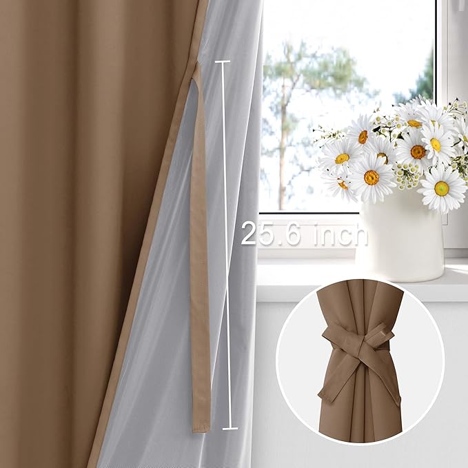 XWZO Complete Blackout Shades Window Curtain Panels with Tiebacks- Noise Reduction and Light Blocking Grommet Curtains with Black Liner for Studio, Basement, Cappuccino, W42 x L63, Set of 2 Panels