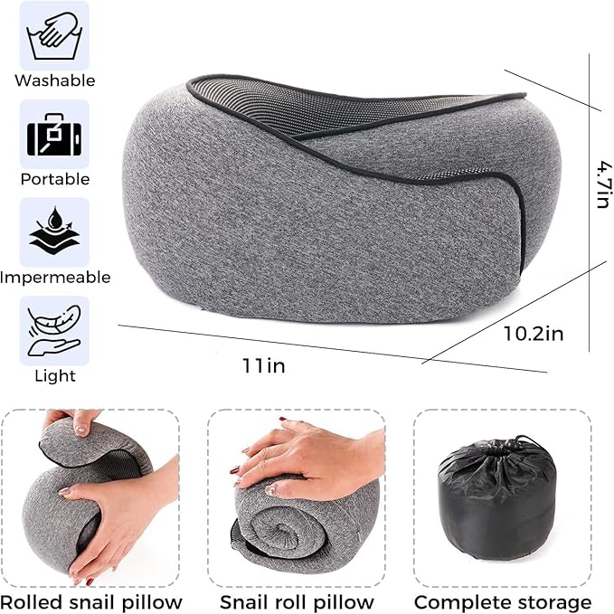 Neck Travel Pillow |100% Pure Memory Foam Neck Pillow Comfortable & Breathable Cover, Machine Washable for Travel, Airplane, Car Rides, & Home Use, Travel Kit with Eye Masks, Earplugs, & Bag (Gray)