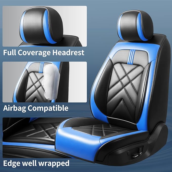 CX-70 Car Seat Covers Fit for Mazda CX-70 2025-2026, Full Coverage Premium Leather Waterproof Breathable Seat Covers, Automotive Seat Protectors, Airbag Compatible(2 Front Seats, Black-Blue)