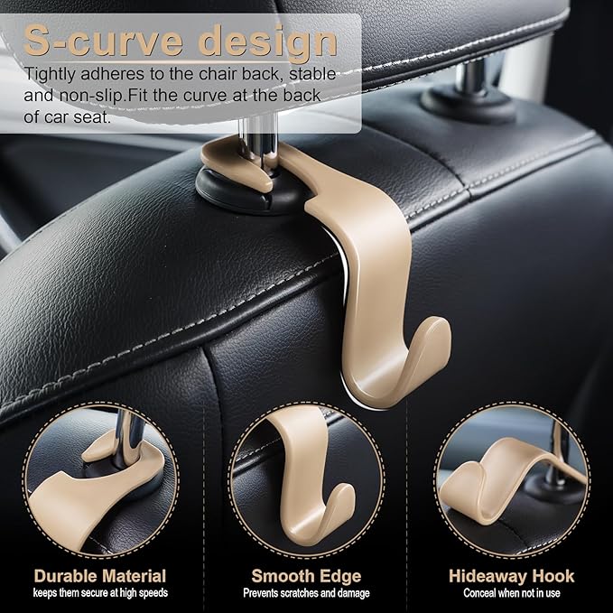 LivTee Car Seat Headrest Hook, Auto Seat Hook Hangers Storage Organizer Interior Accessories for Purse Coats Umbrellas Grocery Bags Handbag, 4-Pack