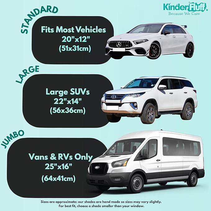 Car Window Shades - Certified 99.79% UVA & 99.95% UVB Sun Protection. Award Winning car Sun Shade for Side Windows. 4 Pack Semi Transparent 25" x 16" - Car Accessories Interior by Kinder Fluff