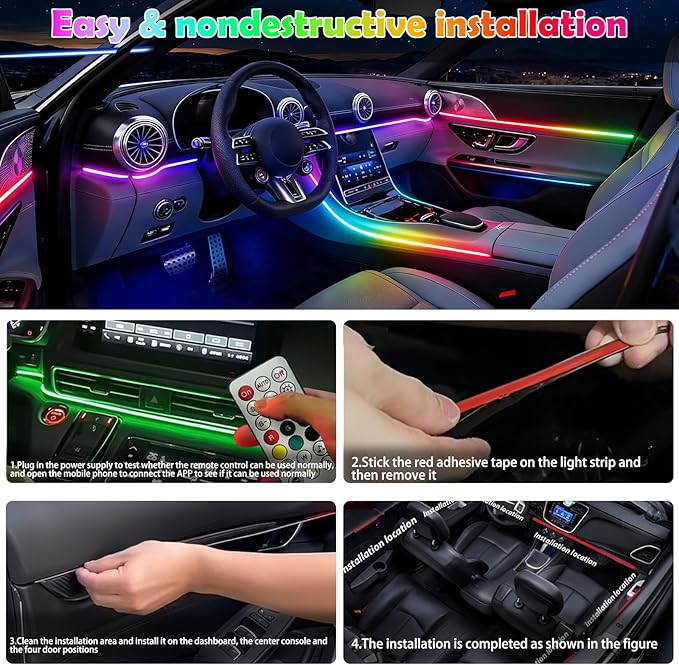 Car Led Strip Lights, Interior Car Lights, App and Remote Control Ambient Lighting Kit with RGB 16 Million Colors Fiber Optics&Music Sync Rhythm, USB Neon Light Accessories for Center Console&Door