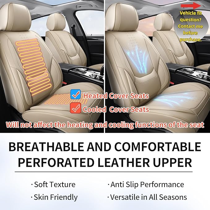 Chezope Leather Seat Covers, Beige Car Seat Covers Front Pair, Breathable Car Seat Protectors, Wear-Resistant Car Accessories, Universal Fit for Most Cars,SUVs Truck (Beige-Solid, Front Pair)