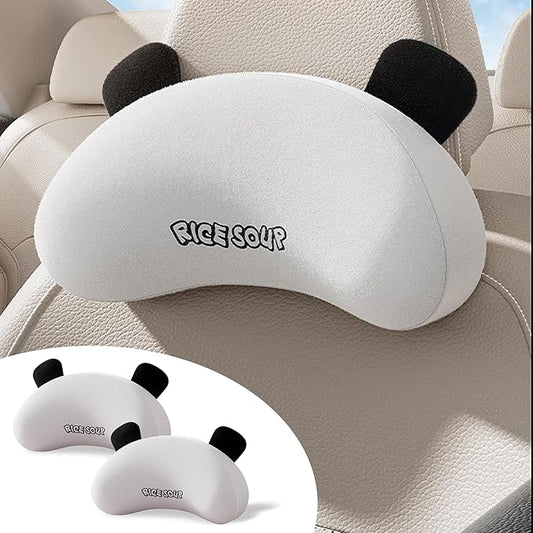 Cute Panda Car Neck Pillow & Lumbar Support Memory Foam Cushion for Driving Adjustable Headrest Waist Pillow for Most Seats (Black, Headrest 2Pcs)