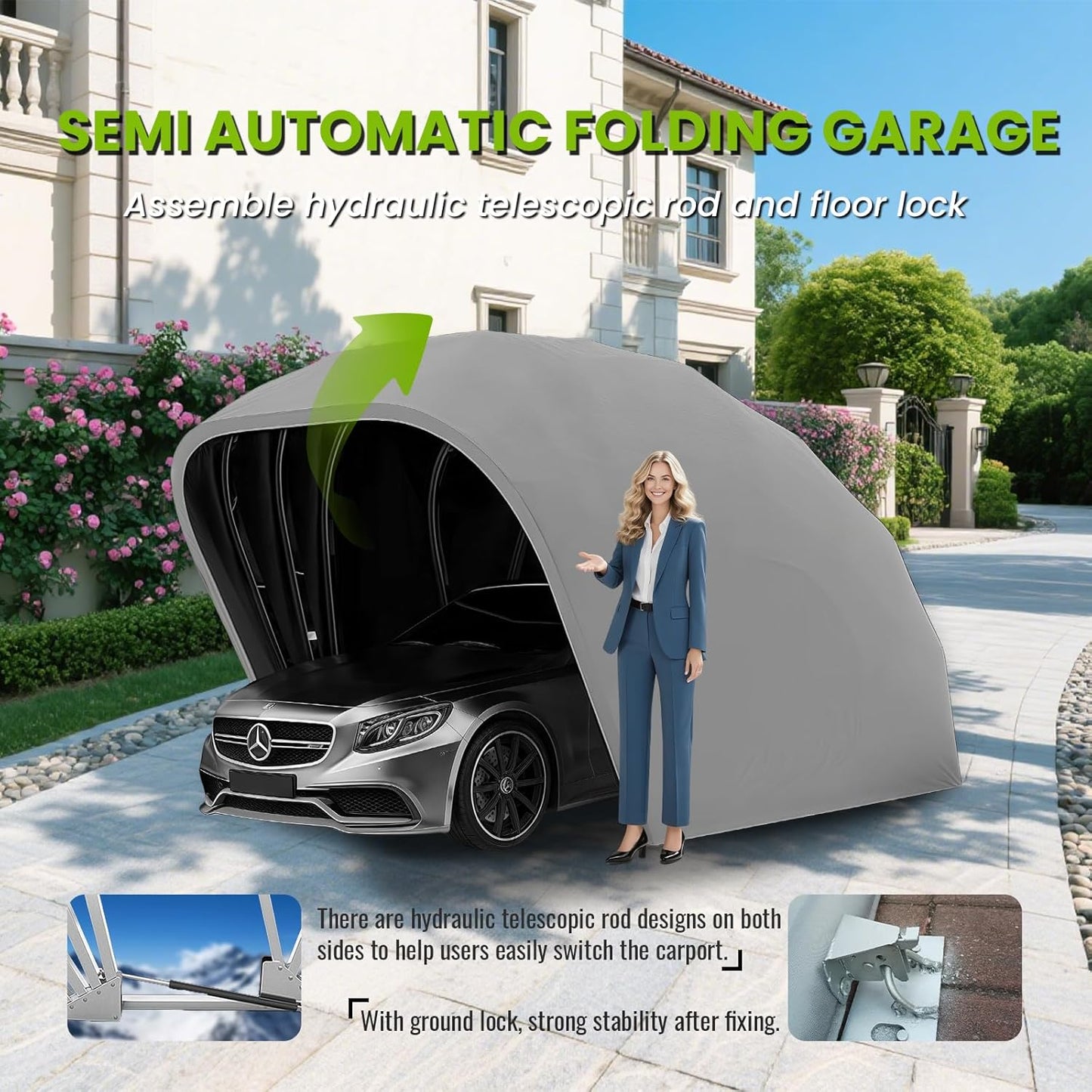 18×8.2×7.5FT Heavy Duty Carport, Portable Stainless Steel Garage, Retractable Folding Automatic Car Tent, All Weather Proof Carport, for Car, Boat, Car Canopy with All-Season Tarp