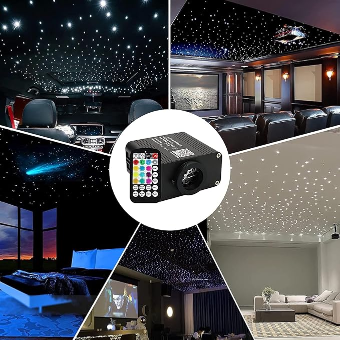 AMKI Updated 16W RGBW Fiber Optic Light Twinkle + Sound Activated 300pcs 0.03in 9.8ft Cables APP Remote Music Control Car Home Starlight Headliner Star Ceiling Light Kit