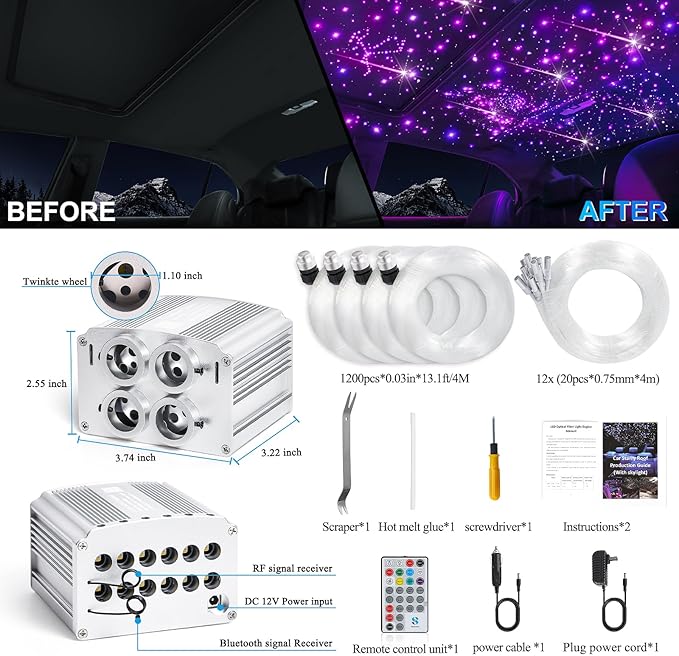 Car Starlight Headliner Kit, 4 Colors 32W Twinkle & Meteor Star Ceiling Lights, 2 in 1 Fiber Optic Light 4 Port Engine 1200pcs*0.03in*13.1ft+240 RGBW Shooting Stars Lights for Car Home Roof Décor