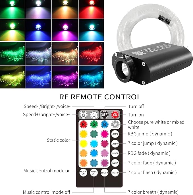 ATOKEE 16W Starlight Headliner Kit 550pcs 0.03in 13.1ft, Sound Activated Fiber Optic Lights for Car Roof Use, Controlled Via Bluetooth App / 28-Key RF Remote