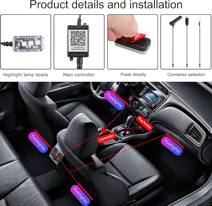 RGB Car Footwell Ambient Lighting Kit 16.7 Millions Colors Sound Active Music Sync APP Control + RF Remote Controller DC Line Car Interior Multicolored Footwell Atmosphere Light DC 12V