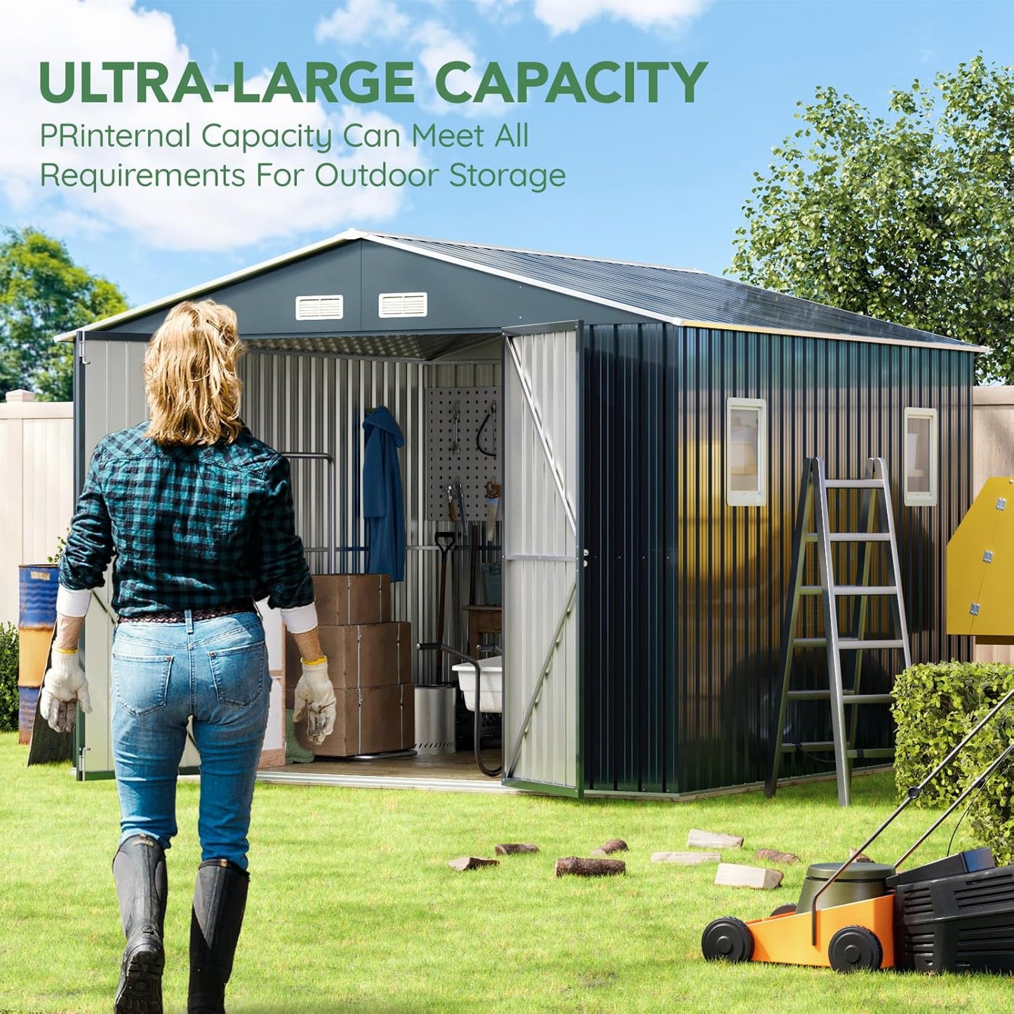 10X10X7.5 FT Outdoor Steel Storage Shed with Lockable Doors, 2 Windows, Frame Floor (No Wood/Other Boards), Ideal for Garden, Backyard, Patio Storage