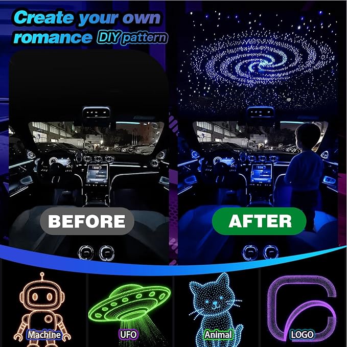 Split Starlight Headliner Kit - 400pcs 0.02in 4.9ft Fiber Optic RGBW Star Lights for Car with 2 Light Heads 16W Engine Easy to Hide,Flexible Wiring,APP/Remote Control for Car Roof Ceiling