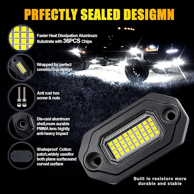 16 Pods Metal Bright Pure White LED Rock Lights Kit,Per pod provided 15FT Power Cord,6500K 36LEDs Neon Underglow Light Aluminum Waterproof Fender Lights for Trucks Trailer Jeep Off Road ATV UTV