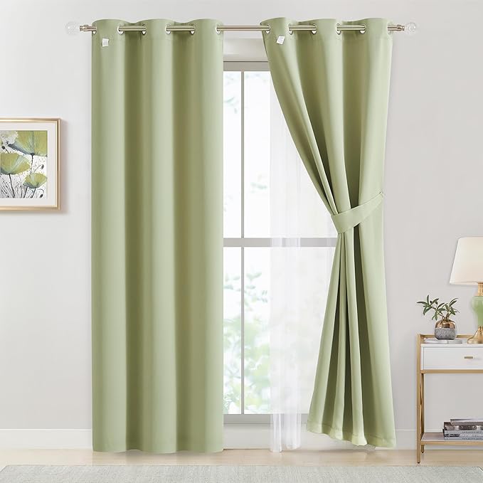Bujasso Sage Green Blackout Curtains with Sheer Overlay Mix and Match Double Layer Thermal Insulated Window Panels 63 inch for Living Room Bedroom Green Drapes with Tiebacks Grommet Top 54" Wx63 Lx2