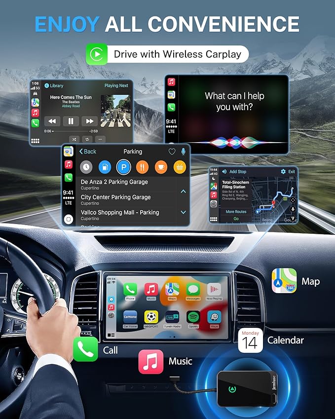 Jemluse Wireless CarPlay Adapter for Apple iPhone - Multi-User Seamless Connection for Convert Wired to Wireless Car Play Adapter - No Latency from iOS 10+ to Screen w/USB C (Gray)