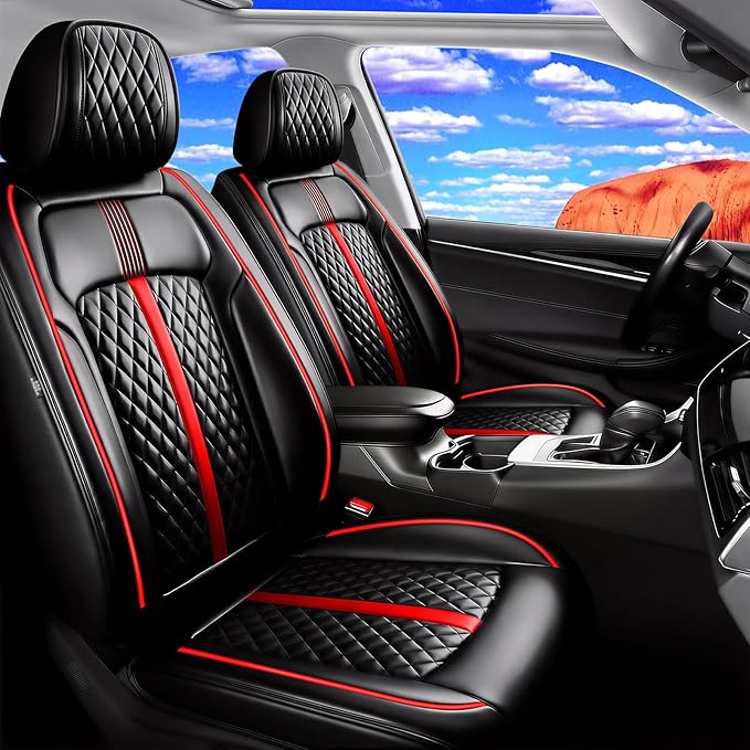 Fit CX-50 Car Seat Covers for Select Mazda CX50 2023-2026 - Premium Full Coverage Leather, Airbag Compatible, Luxury Waterproof All Weather Breathable Seat Protector, Full Set, Red Trim