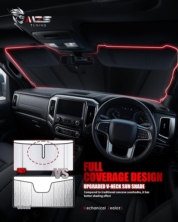 MZS Windshield Sun Shade Compatible with Wrangler JK JKU 2011-2018, Foldable Truck Sun Shade Shield with Storage Pouch, Front Window Visor Sunshade for Interior Protector