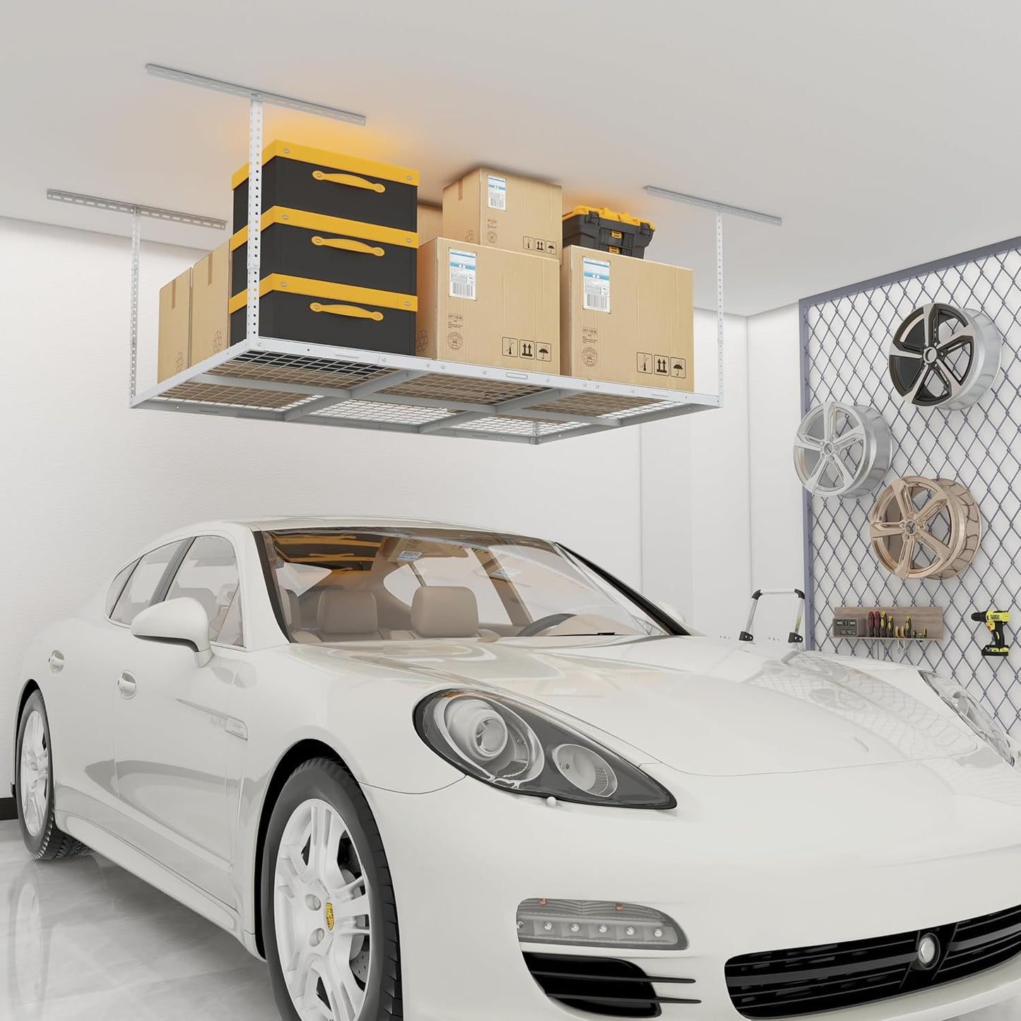 4x6ft Overhead Garage Storage Rack, Heavy Duty Metal Ceiling Shelf, 22'' to 40" Adjustable Dropdown, 450lbs Loading Weight Capacity, White