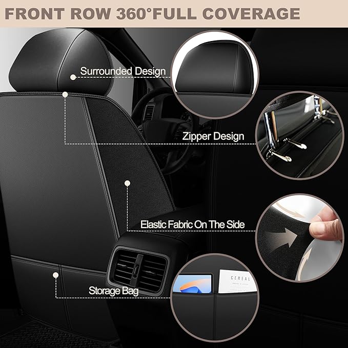 TTX LIGHTING for Ford Edge 2007-2026 Car Seat Covers, Breathable Ice Silk & Leather Seat Protector, Cool & Anti-Sweat for Long Driving, Airbag Compatible, 2 Front Seats (Black)