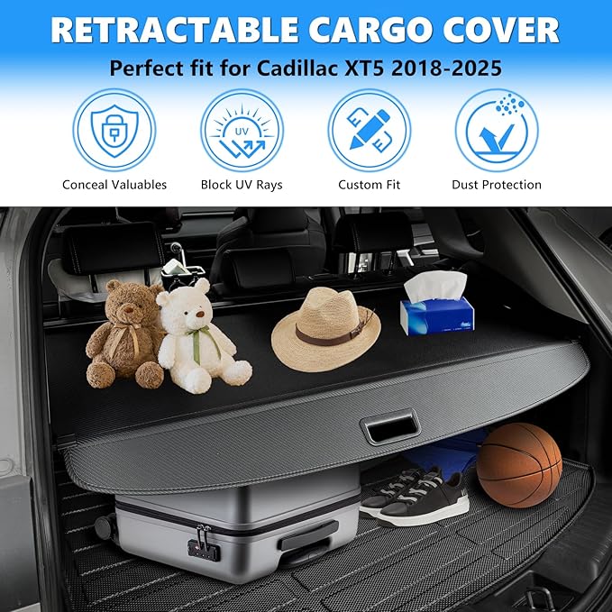 MIALUTY® Cargo Cover for 2018-2025 Cadillac XT5 Retractable Trunk Cover XT5 Accessories Anti-Peeping Anti-Theft Privacy Screen,Trunk Luggage Shield Shade Carbon Fiber Texture