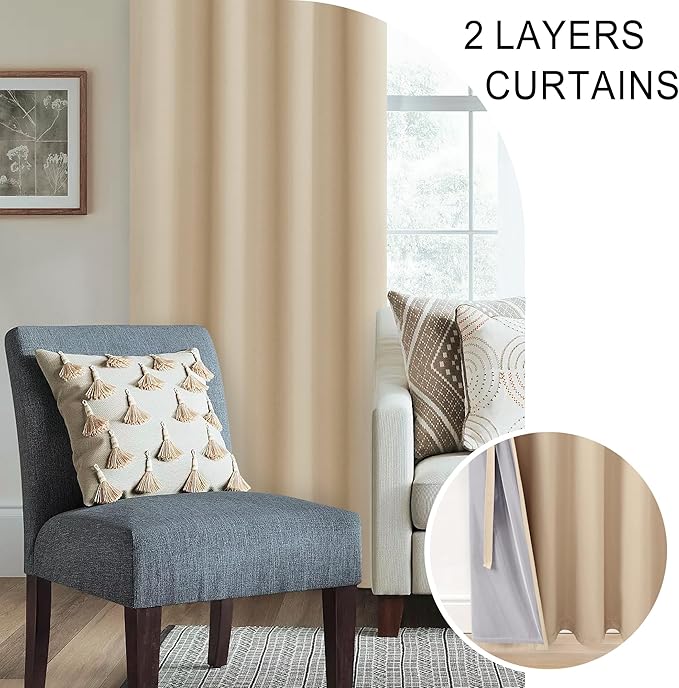 XWZO Total Blackout Curtains 84 Inches Long - Thermal Insulated, Noise Reducing and Heat Blocking Drapes for Hall and Studio Windows with Tiebacks, Biscotti Beige, W42 x L84, Set of 2